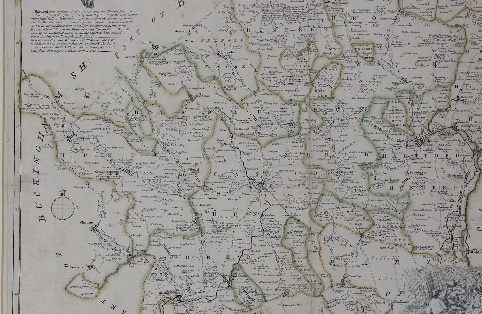 Thomas Kitchin, coloured engraving, A New and Improved Map of Hartfordshire (sic), sold by J. Hinton, London, 1749, 55 x 67cm